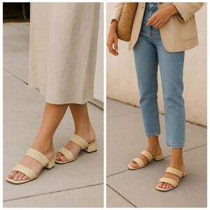 Joie x Revolve Niki Raffia Woven Block Heel Sandals 9.5 | Beige Slide Mules
